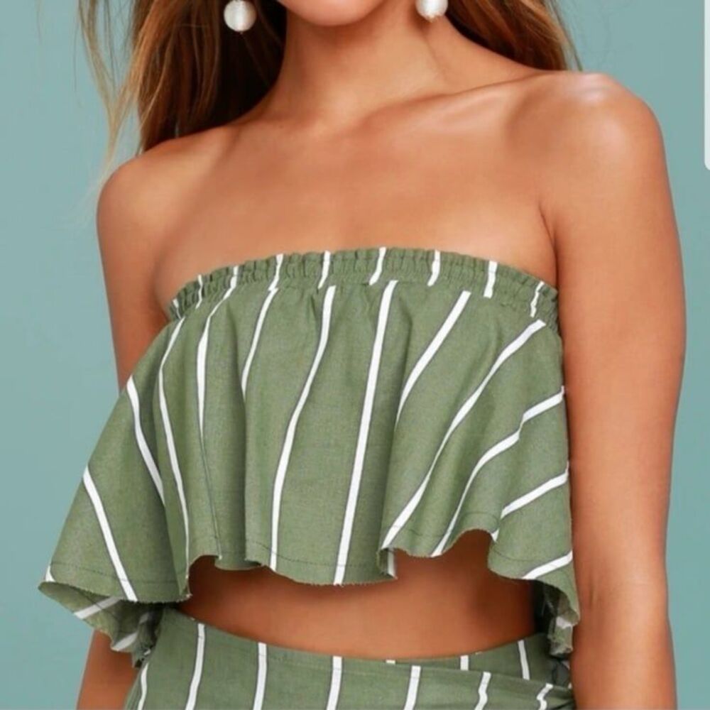 Faithfull The Brand Suns Out Olive Green Striped Strapless Bandeau Top Size Med